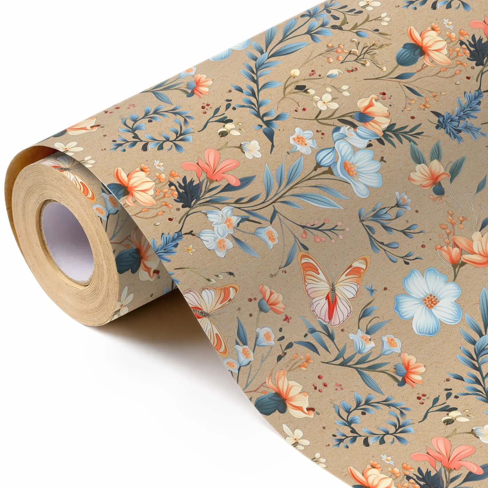 10m/5m Floral Kraft Paper Gift Wrap Roll, Vintage Flower Packaging Paper, Flower Wrapping Paper, 43cm Width, Ideal for Mother's Day, Weddings, Birthdays, Bridal Parties