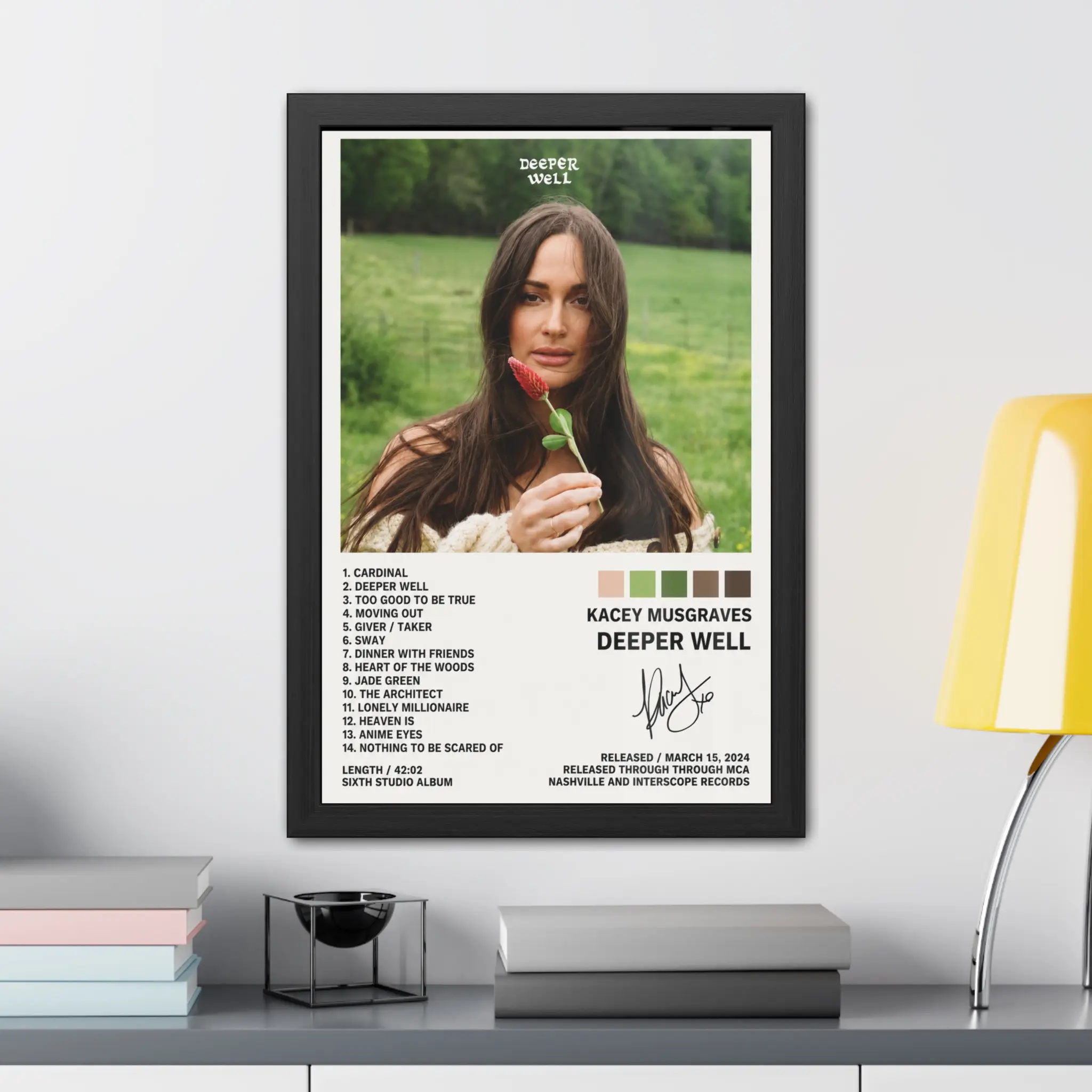 Kacey Musgraves Deeper Well Album Poster, Country Music Singer Wall Art with Tracklist and Signature Print, Vintage Concert Decor for Bedroom Living Room Music Studio, Western Gift for Women, Fans, Collectors and Country Music Lovers
