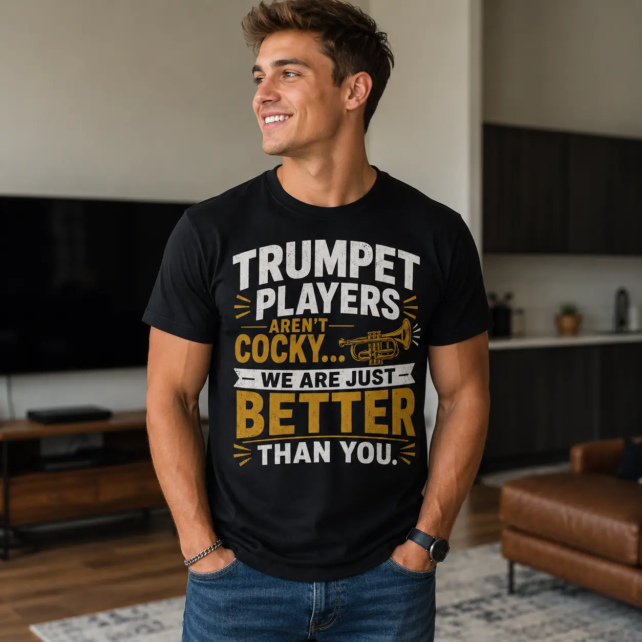 Cocky Trumpet Player Band T-shirt | Funny Brass Trumpet Design1
