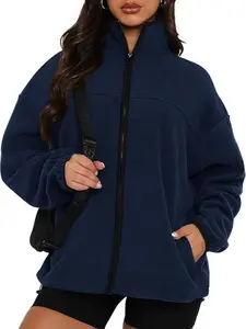 BTFBM Women's Zip Up Baggy Basic Fleece Jacket with Stand Collar and Pockets for Fall and Winter - Womenswear, Tops#Clearance
