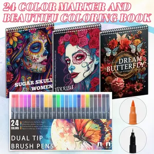 3pcs Coloring Books & 24 Colors Marker - Women & Butterfly Themes, Beginner-Friendly, Stunning Patterns for Adults - High-Quality A4 Spiral Bound with Vivid Designs, Therapeutic Fun, Mindfulness & Artwork - Perfect Gift for Valentine's Day & New Year, etc