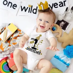 Baby's 1st Birthday Romper Summer Infant Short-Sleeve Bodysuit Toddler Prince Jumpsuit Birthday Party Outfit Clothes