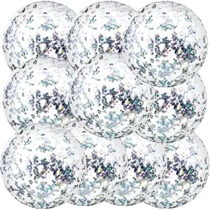 10 Pcs 16 Inch Large Inflatable Glitter Beach Balls Sparkly Confetti Clear Pool Balls Blow up Balloon Toys for Wedding Baby Shower Birthday 2026 New Year Party Decoration Silver Glitter