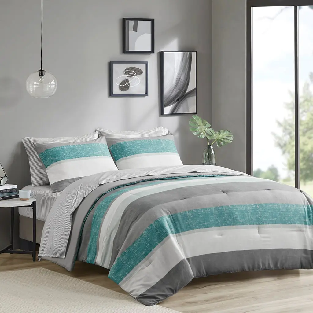 Jaxon Stripe Print Full Size Bedding Set - 360 Stand, Aqua & Grey, 78x86x1.5 in, Polyester Fill, Machine Washable, Comforter & Bed Sheets, Affordable Household Bedding Set, Bedding Sets