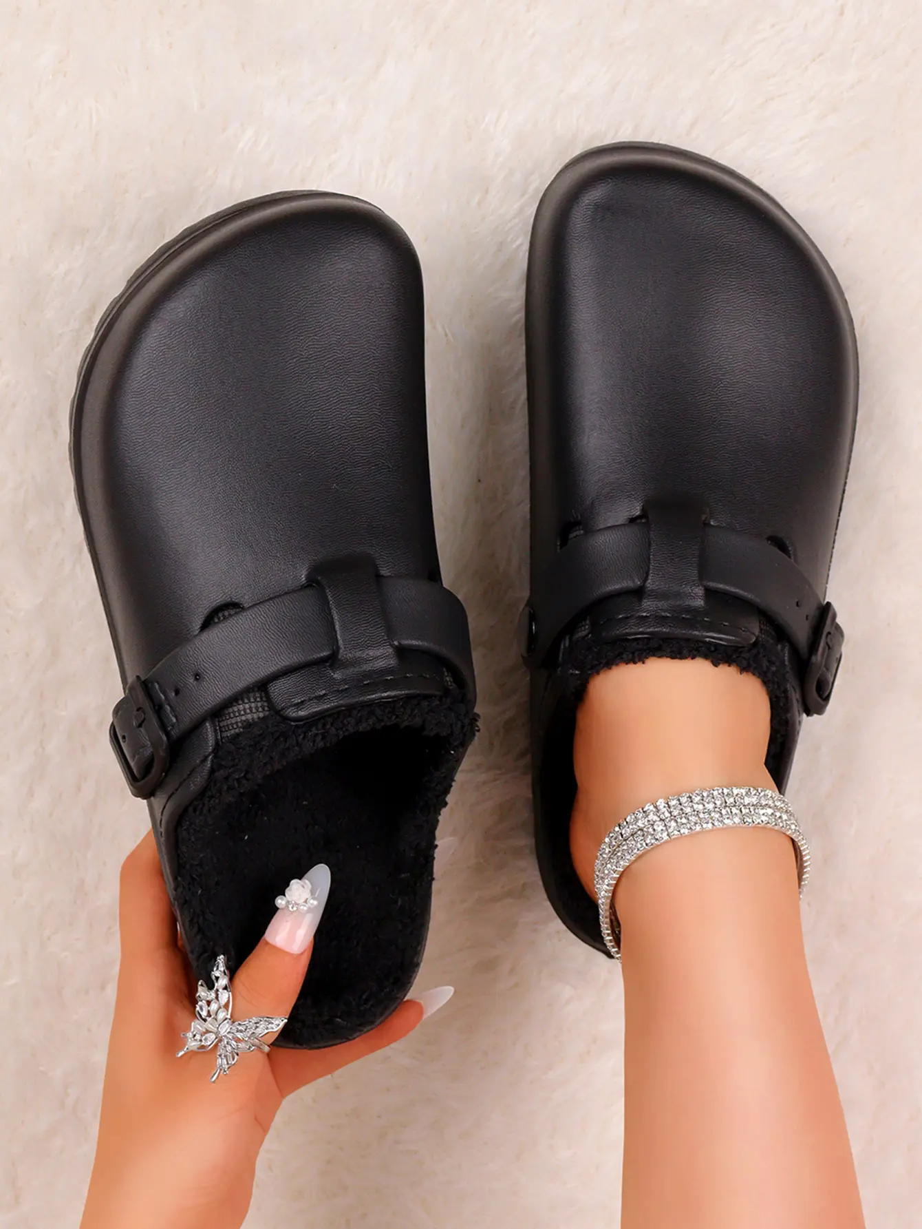 Women's Warm Slip-On Slide Slippers - EVA Comfortable Low Heel Elegant Footwear with Adjustable Strap, Round Toe, Ankle Fit for Casual Winter Use, Shoes for Women