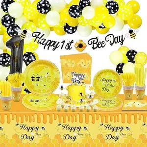 Bee Party Decorations, 1st Bee Day Party Decorations-Happy 1st Bee Day Banner, Plates, Bee Napkins, Tablecloth, Cake Toppers, Cups, Bee Balloon Garland for Kids First Birthday Party