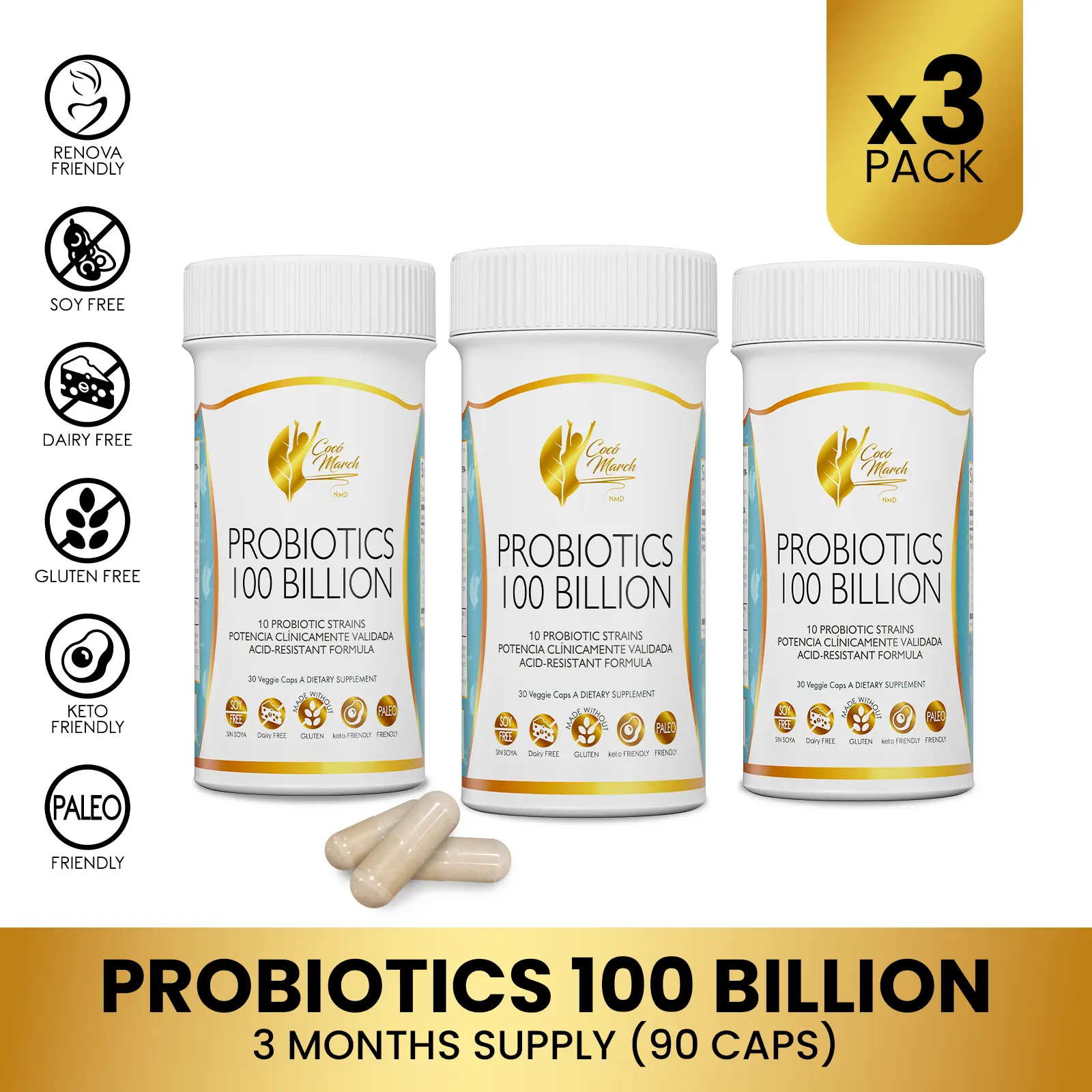 3 Bottles of Cocó March N.M.D Probiotics 100 Billion Dietary Supplement, Digestive Health Support Wellness-30 Capsules per Container