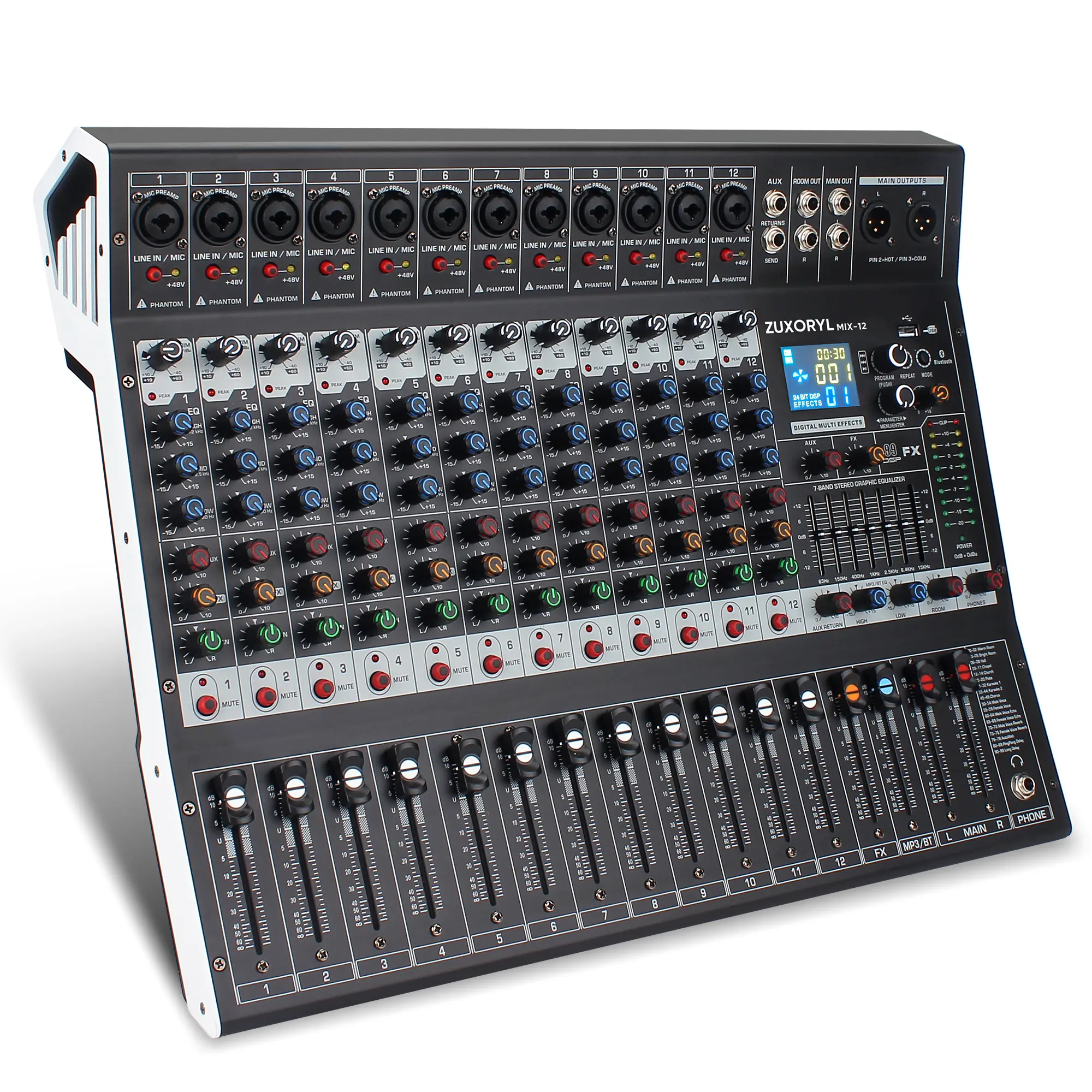 12-Channel Professional Bluetooth Audio Mixer Amplifier - Wired Mixer with USB Interface, XLR/RCA I/O, Individual Mute Switches, 99 DSP Reverb Effects, 48V Phantom Power, 7-Band EQ for Smartphone Streaming, Wedding, Live Stage, Karaoke