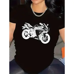 Women'S Motorcycle Graphic Tee - Stylish Black Short Sleeve T-Shirt with White Bike Design, Comfortable Summer Top for Motorcycle Enthusiasts, Motorcycle