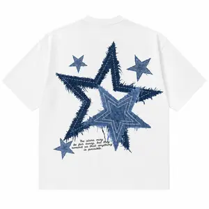 Men's Denim Star Print Oversized T-Shirt, Casual Streetwear Short Sleeve Tee, All-Season Aesthetic Top, White graphic fashion funny shri