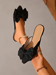 Women's Casual Bow Flat Mule Slippers,Pointed Toe Satin Wedding Shoes, Fashion Versatile Bridal Flats, Outdoor Lazy Summer Sandals, Footwear