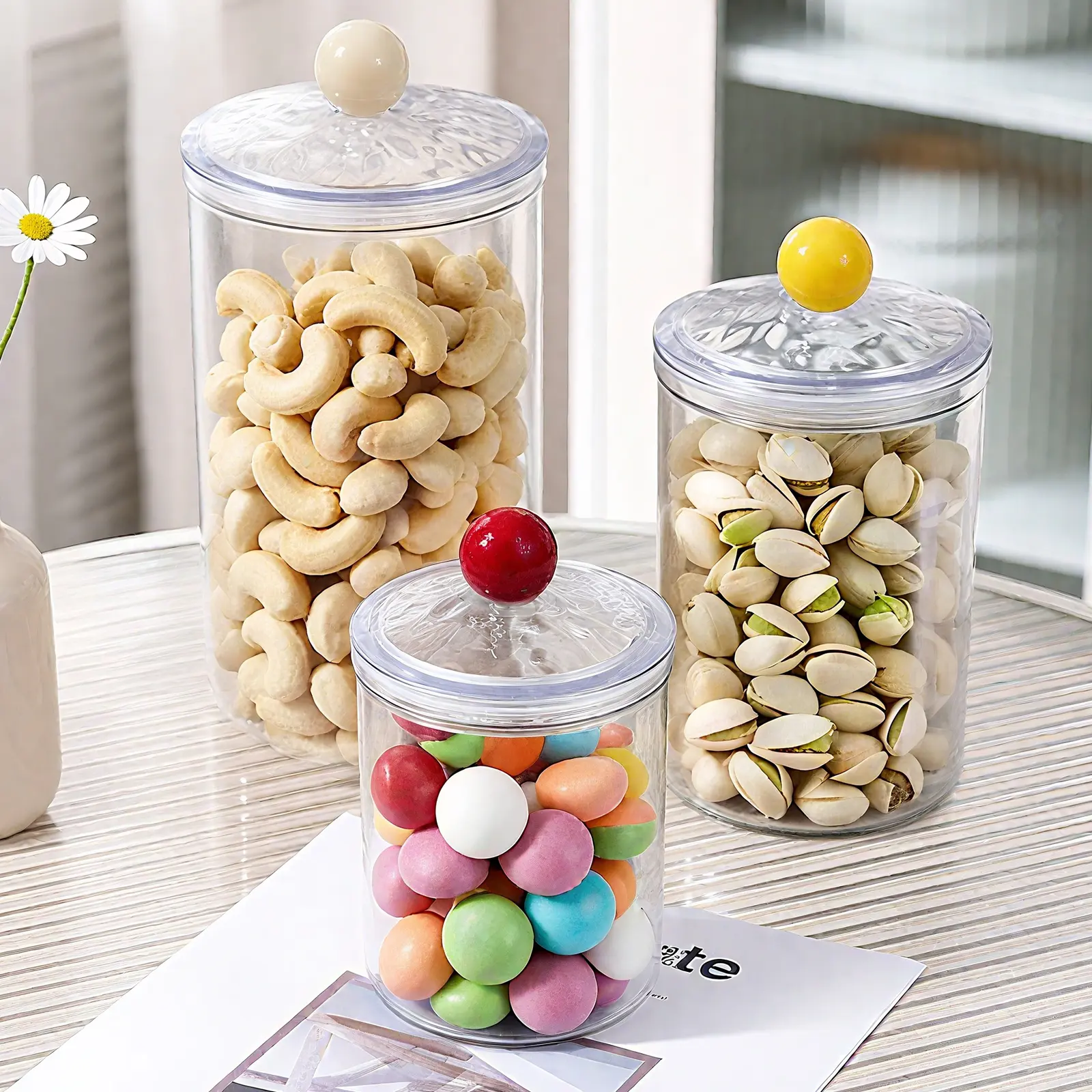 3-Piece Bear Seal Jar Set, 0.9L+1.4L+2L Airtight Food Storage Containers for Kitchen Pantry Organization, Viral Candy Cookie Snack Canisters, Clear Plastic Jars with Lids, Perfect Home storage jar