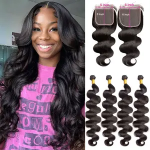 BELE HAIR 5x5 & 6x6 Lace Closure With Bundles Quick Weave Hair Styles Body Wave Human Hair Bundles Extension With Closure For Women Natural Black 10A Grade Unprocessed Long Hair for Mothers's Day Gift Double Weft Remy Hair Extensions