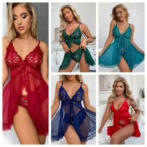 FUN Dressing Sexy V-Neck Lace Trim Women's Nightgown Set, Ruffled Hem Mesh Babydoll Lingerie with Panty, All-Season Sleepwear for Romantic Dates