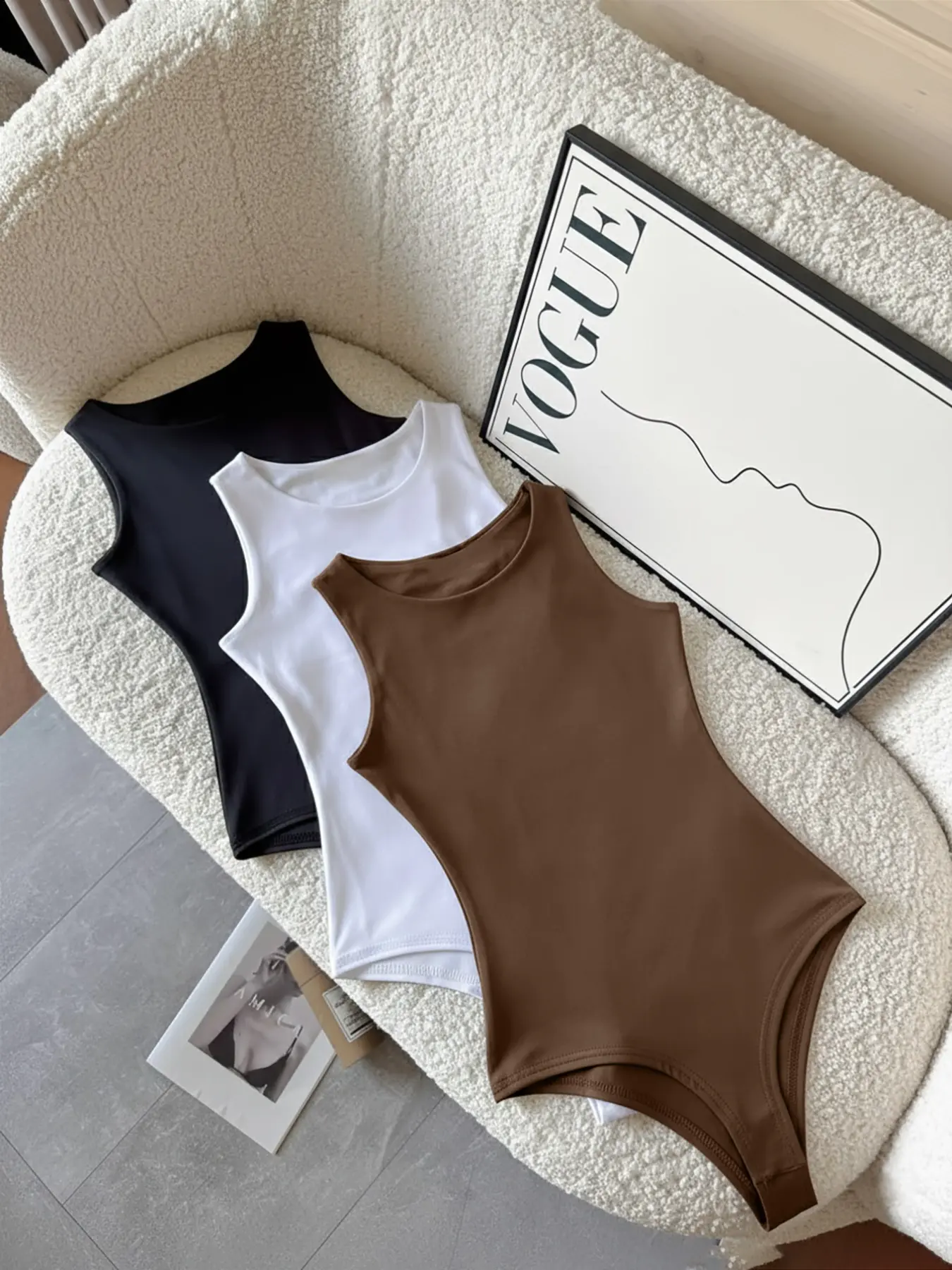 Women's Fall Winter Knitted One-Piece Set Bodysuit, Comfortable Round Neck Sleeveless Top, Versatile Four-Season Wear, 3-Pack