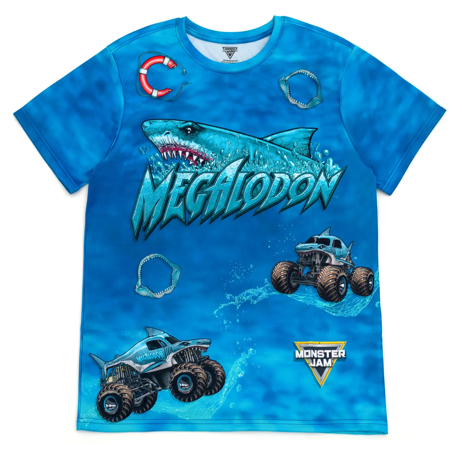 Monster Jam Megalodon Men's Allover Print Shark Active Short Sleeve Graphic Tee Dark Blue