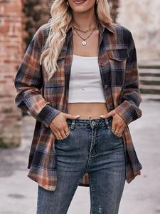 women's plus size plaid print flap pocket button front blouse, casual comfort drop shoulder long sleeve shirt, gift set, plus clothing for spring & fall daily womenswear, please purchase a size up