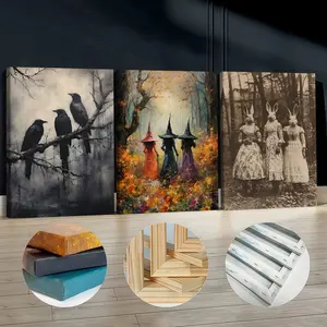 3Pcs Wooden Framed Canvas Painting, Halloween Witches, Rabbits And Crows, Perfect Gift Exquisite Poster, Home Decoration, Pattern Wall Art Decor, For Living Room, Bedroom, Office, Restaurant, Bar Wall Decor, Waterproof, Odorless, Painting, Print Artwork.