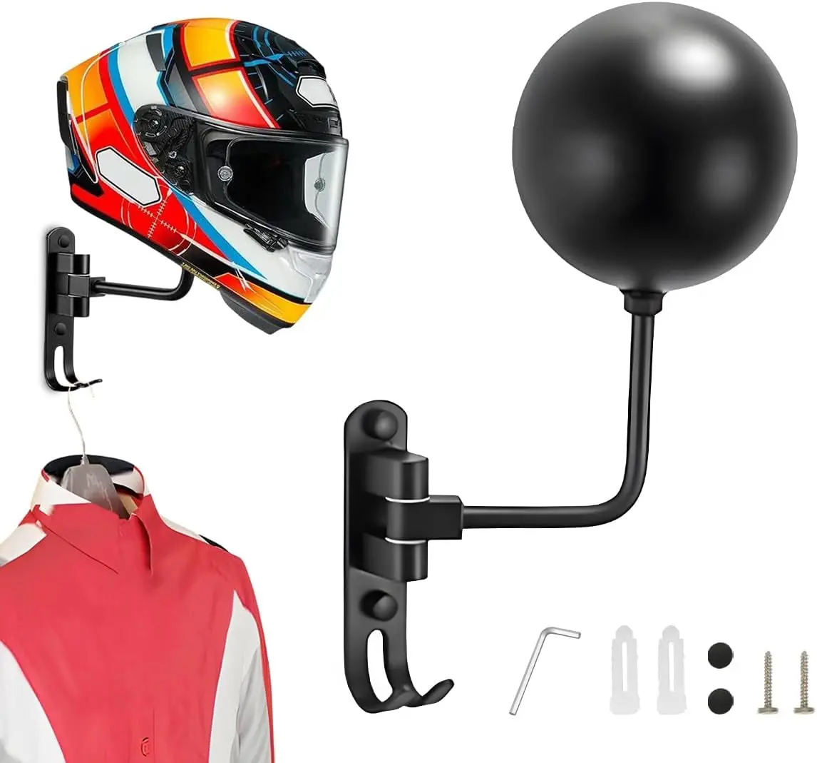 180° Rotating Helmet & Gear Wall Hanger Organiser with 2 Hooks, Home Organizing Wall Mount Hook for Helmet Storage