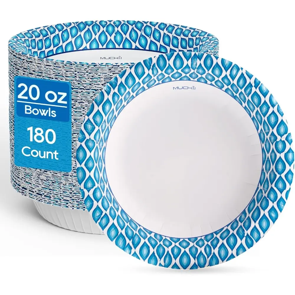 Sturdy Pressed Paper Round Bowls - Leak-Proof Disposable Tableware, 180-Count (Pack of 1, 20 oz) Large Disposable Bowls for Business, Breakfast