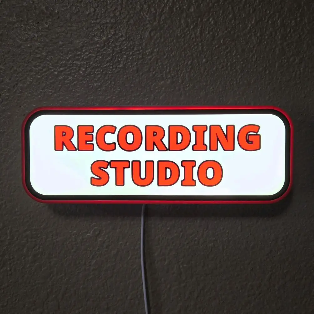 Plastic Modern Recording Studio LED Sign Indicator with LED Strip - White with Red Text, Indoor Wall Decor for Audio-Video Capture, Indoor Use