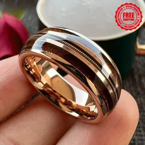 8mm Rose Gold Guitar String Ring for Men and Women, Wood Inlay, Fashion Wedding Jewelry