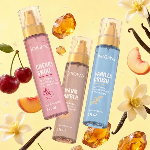Jergens Hair & Body Mist, Refreshing Fragrance Spray for Hair & Body, Vanilla Crush, Warm Amber or Cherry Swirl, 5 fl oz