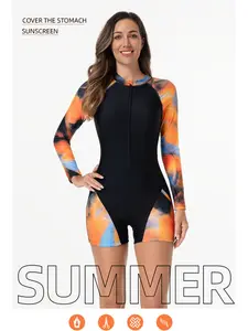 Women's Long Sleeve One-Piece Surf Swimsuit, UV Protection, Quick-Dry, Colorblock, Zipper Front, Slim Fit, for Surfing, Swimming, Fitness