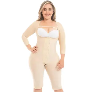 MYD Fajas Colombianas Stage 1| F04474 Faja Colombiana Post Surgery & Daily Use Knee Length Shapewear with Sleeves Stage 1, 4 levels of hook-&-eye closure