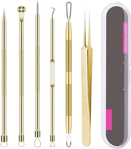 Pimple Popper Tool Kit 6 Pcs Blackhead Remover Acne Needle Tools Set Removing Treatment Comedone Whitehead Popping Zit for Nose Face Skin Blemish Extractor Tool - Gold Skincare Comfort