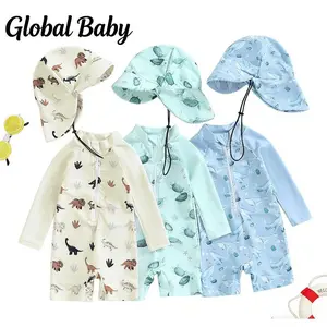 Baby Boy Swimwear Set, Whale Print Long Sleeve Rash Guard Swimsuit Sun Hat Toddler Bathing Suit Outfit Rash Guard/Print Long Sleeve Zip Up Bathing Suit with Sun Cap