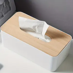 Modern Bamboo Lid Tissue Box Holder, Durable Square Tissue Box with Wooden Top for Bathroom, Vanity, Counter and Office Decor, Bathroom Counter Accessories, Tissue Dispenser