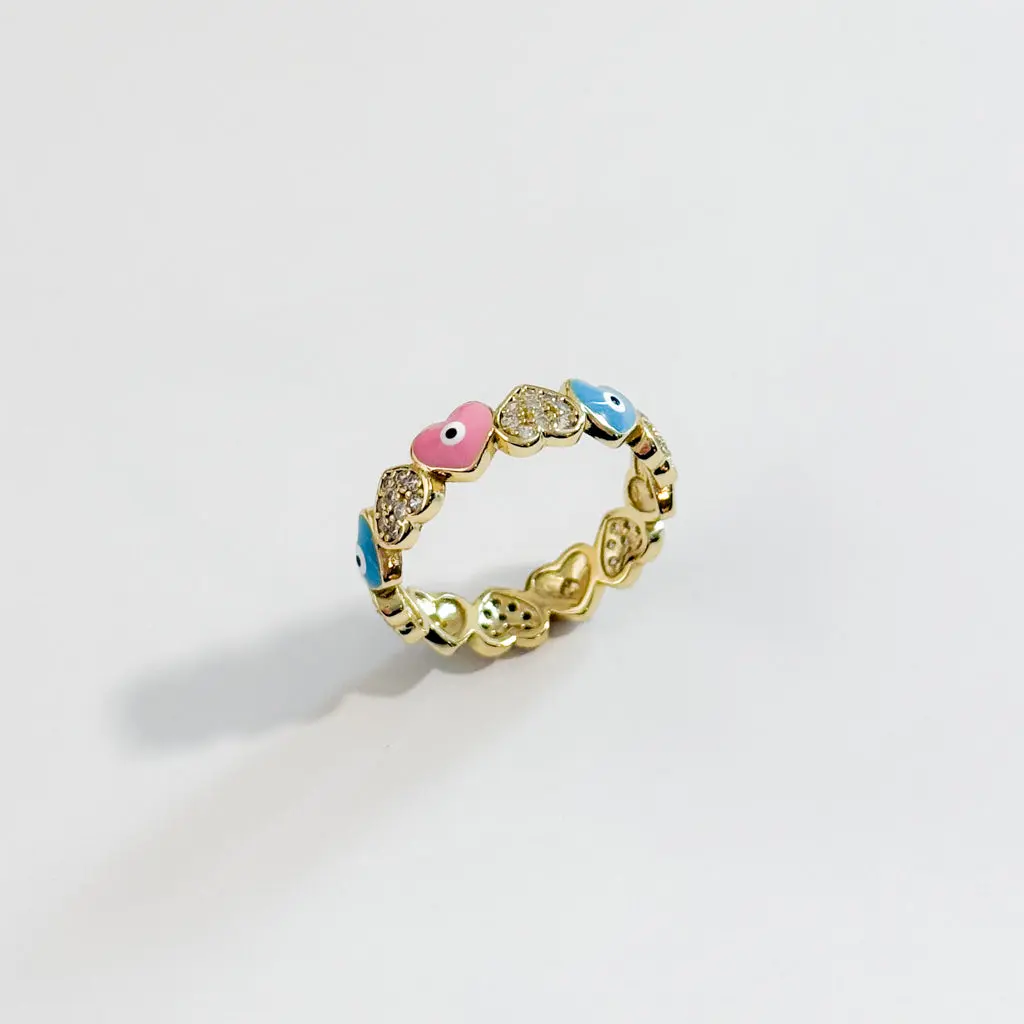 Gold-Filled Stacking Ring Band - Dainty Multicolor Enamel Evil Eye Hearts, Cubic Zirconia Unisex Protection Charm, Casual, Symbol of Protection, Crafted for Everyday Wear (Sizes 6-9)