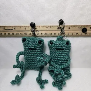 Crochet Frog Keychain - Adorable Teal Green Knitted Animal Charm with Ruler for Scale Display 3 Inches Tall Flexible Arms & Legs Solid Color