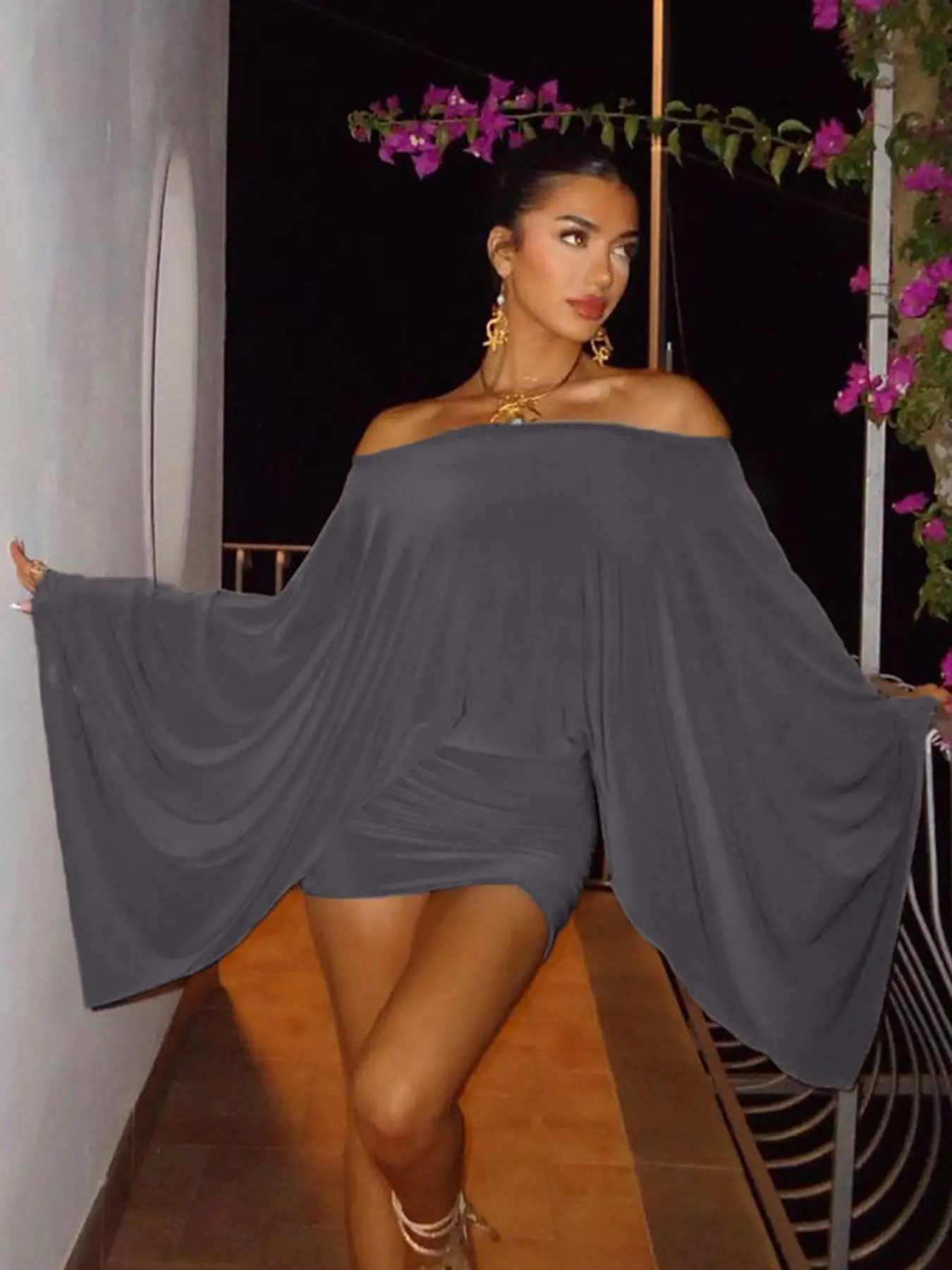 Women's Grey Loose Big Batwing Swing Sleeve Sexy Hip Skirt, Fashionable Casual Off-shoulder Bodycon Dress, Evening Dresses, Perfect for Party Club Date Wear, Date Night Outfit, Lady Women's Clothing, Womenswear, Fit Dress