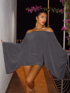 Women's Grey Loose Big Batwing Swing Sleeve Sexy Hip Skirt, Fashionable Casual Off-shoulder Bodycon Dress, Perfect for Party Club Date Wear, Lady Women's Clothing, Womenswear