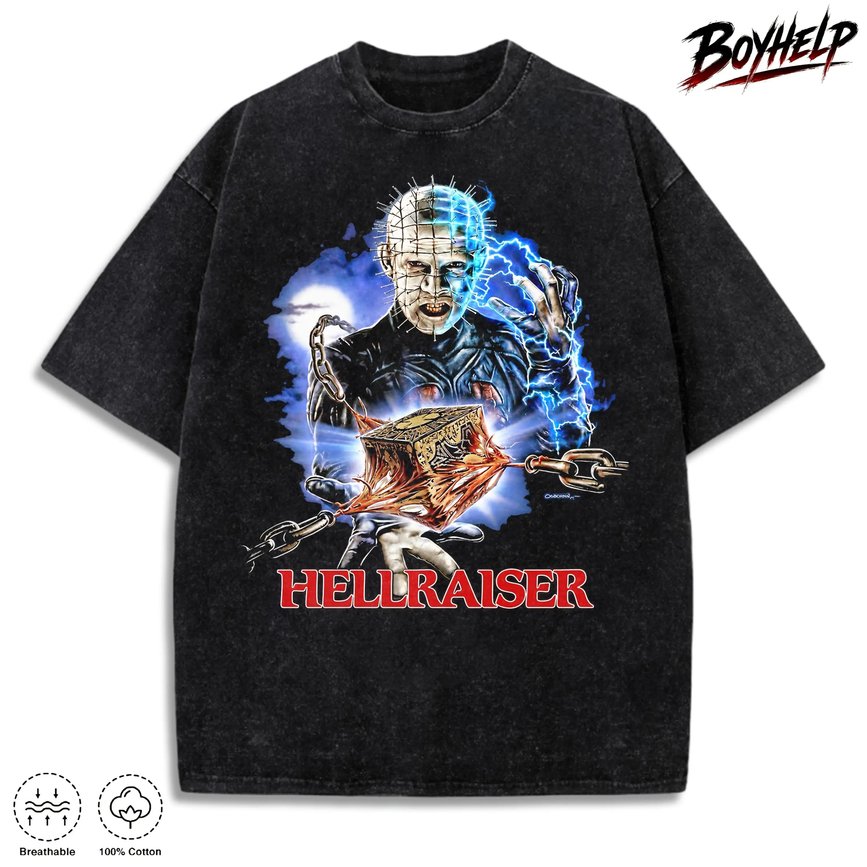 Hellraiser Pinhead Vintage Washed T-Shirt, Classic Horror Movie Graphic Tee, Oversized Unisex Cotton Streetwear Shirt, Halloween Top for Men & Women