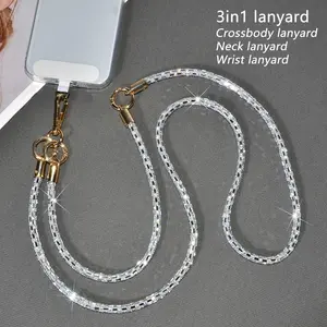 Luxury Silver Multi-functional Rhinestone Mobile Phone Case Crossbody Lanyard, High-end Smartphone Anti-lost Neck Strap, Portable Sparkling Hand Wrist Chain, Exquisite Bag Replacement Chain for Women, Cell Phone Charm