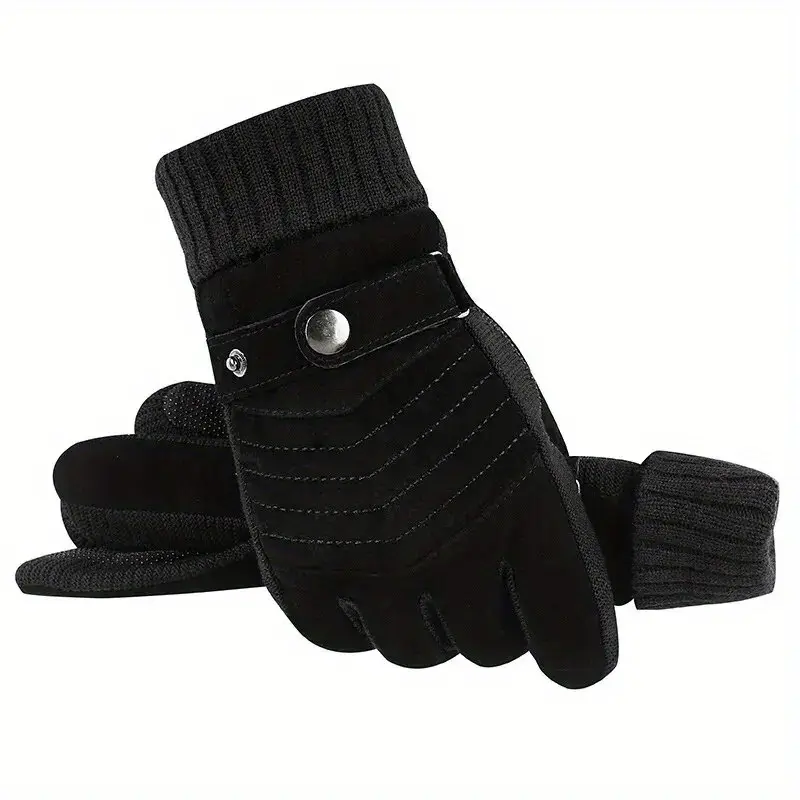 Men's Winter Plain Leather Gloves - Black, Brown - Thick Pile Lining for Warmth, Cold Resistant, Casual, Windproof, Anti-Slip Touchscreen Gloves for Motorcycle Biking