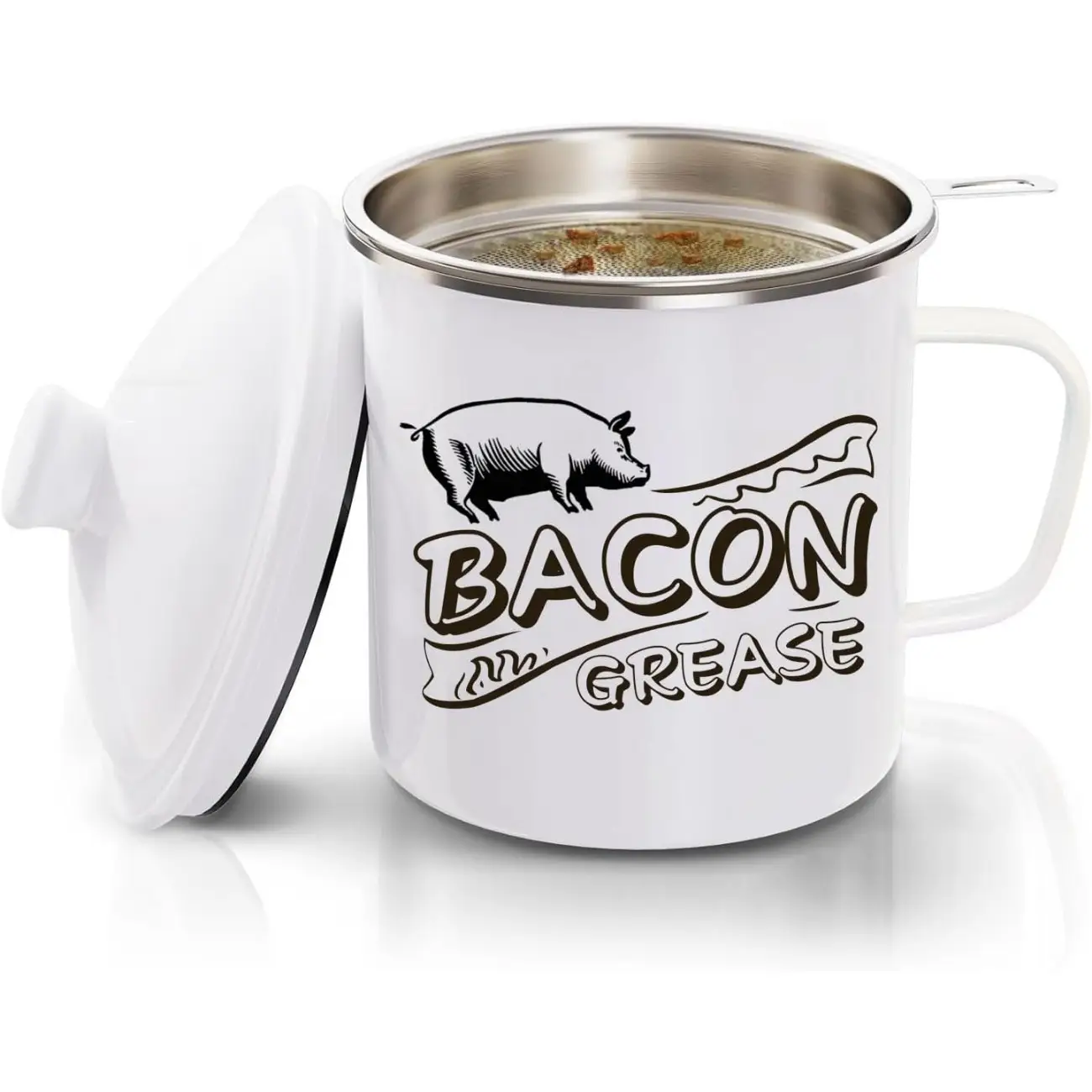 1.3L(46 oz.) LARGE Bacon Grease Saver with Fine Mesh Strainer & Handle - Enamel Oil Keeper Container, Bacon Fat Dripping Can - Farmhouse Kitchen Gift