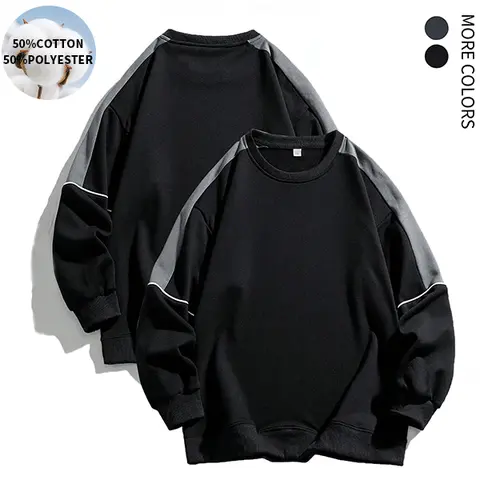 Men's color blocked 50% cotton 50% polyester sportswear, regular fit casual long sleeved round neck pullover for spring and autumn seasons, fashionable men's top for daily wear