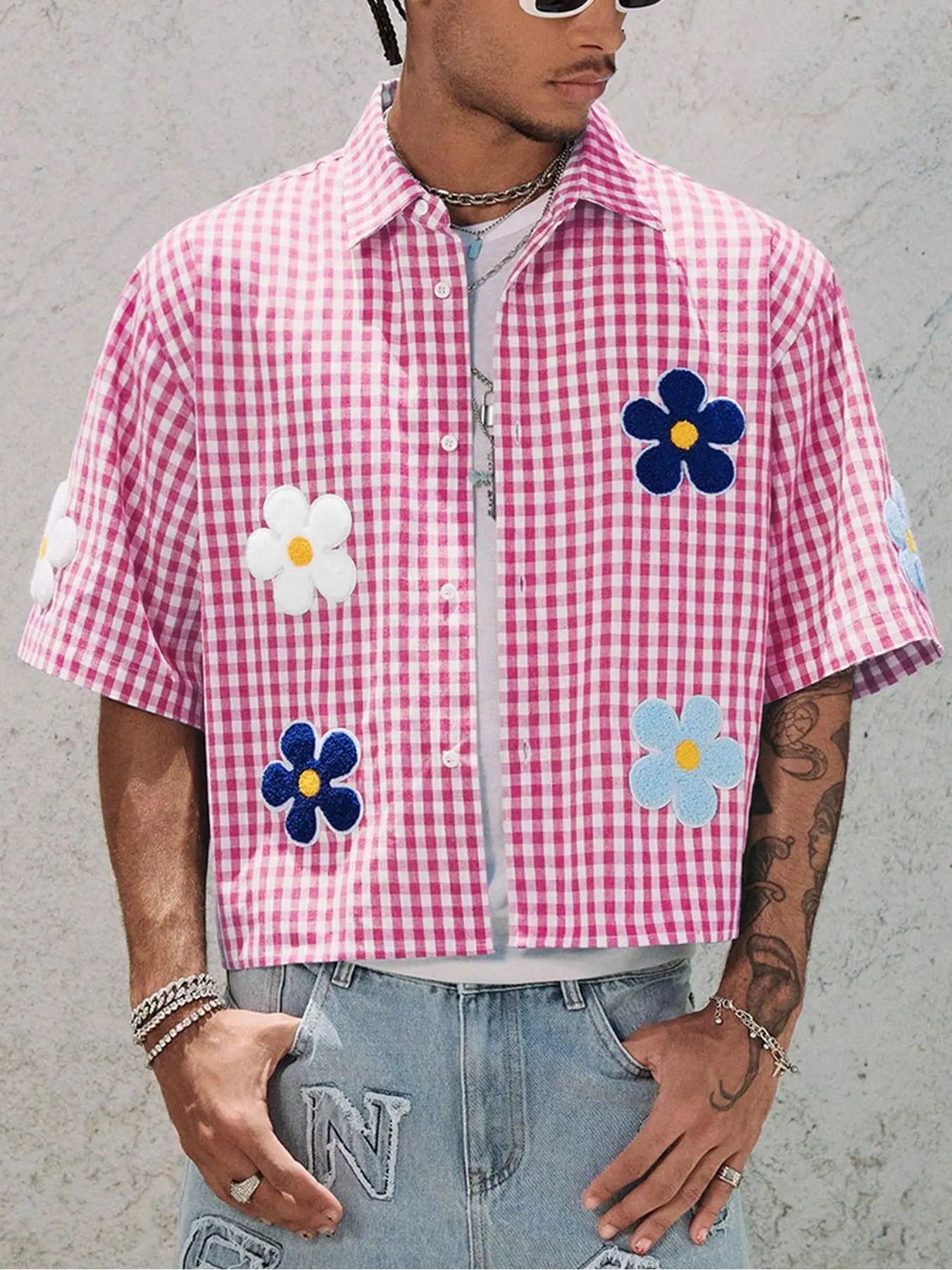 Men's Floral Plaid Fashion Fitted Casual Collared Shirt Top, Casual Printed, Embroidered Print, Embroidery Detail, Summer Vacation Style, High Street Vintage Casual Trendy Outdoor Wear, Casual Stylish Clothing