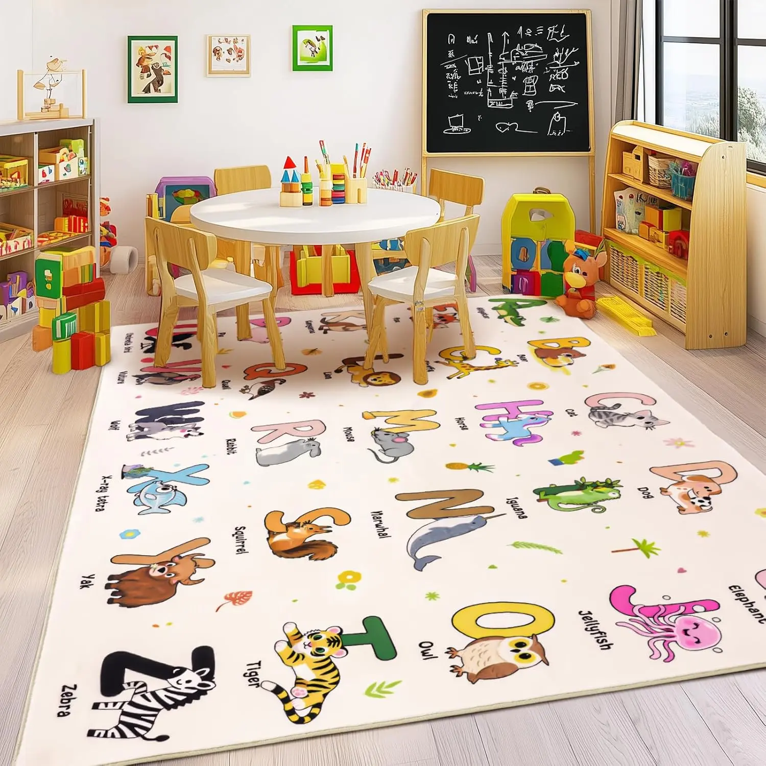 Kids Rugs for Playroom, 5x7 Feet Educational Rug for Learn The ABC Alphabet, Soft Machine Washable Non-Slip Cute Cartoon Animals Carpet for Classroom Toddler Nursery Kids Room Decor Abstract Area #Summervibes