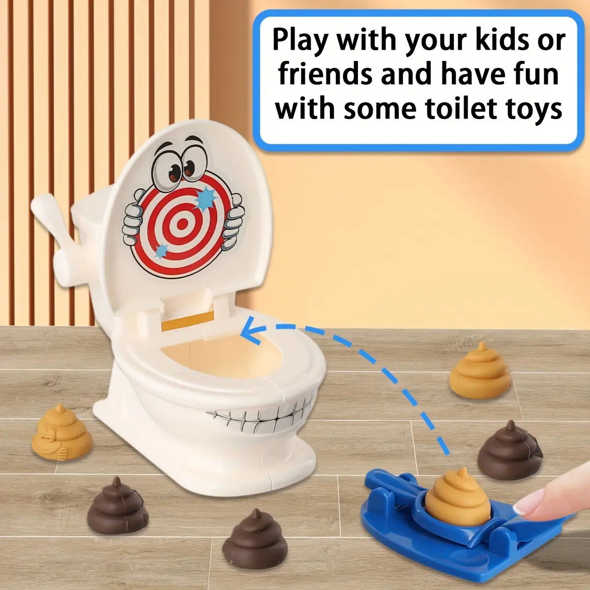 Poop Shooter A fun family game Poop Shooter Game Includes 1 toilet, 2 rapid shooters, 6 soft plastic toy poops. Interactive Play Circle Popper