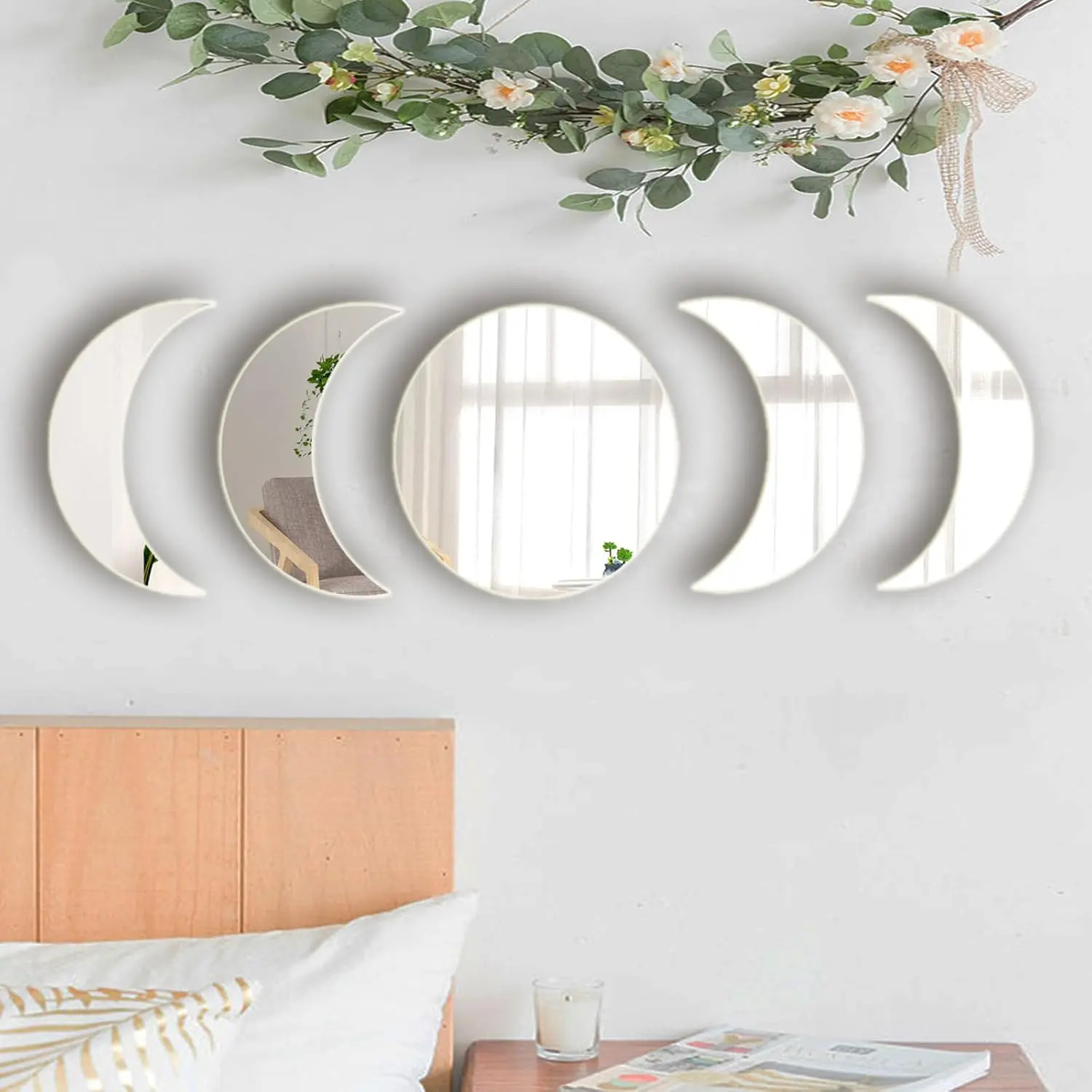 5-Piece Self-Adhesive Acrylic Moon Phase Decorative Wall Stickers - Bohemian Home Decor for Living Room, Bedroom (20cm)