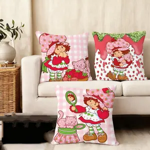 PIKPAKA S-Stawberry Shortcake Cushion Cover Soft Short Plush Pillow Cover Skin-Friendly & Anti-Dust Mite | Double-Sided Print | Sofa/Bed/Couch Decor | Washable Durable | Winter Gift Idea