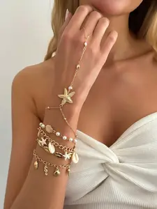 5-Piece Boho Beach Style Shell Pearl Beaded Ring Bracelet Set, Ocean Element Metal Starfish Pendant, Women's Daily Party Jewelry, Holiday Gift