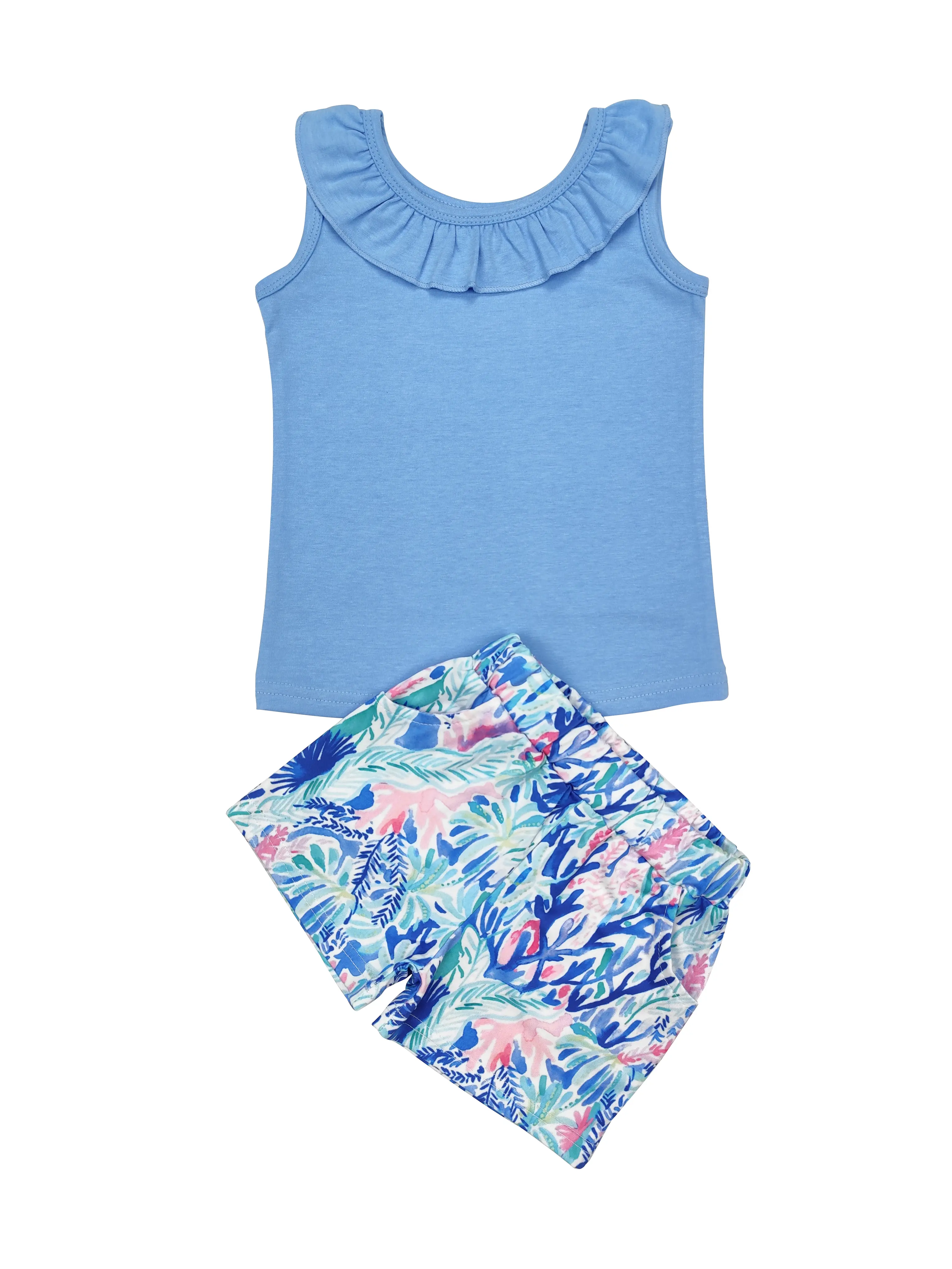 Girls Under Sea Coral Print Shorts and Blue Tank Top Summer 2 pc Set, Tropical Print Set, Matching Sets