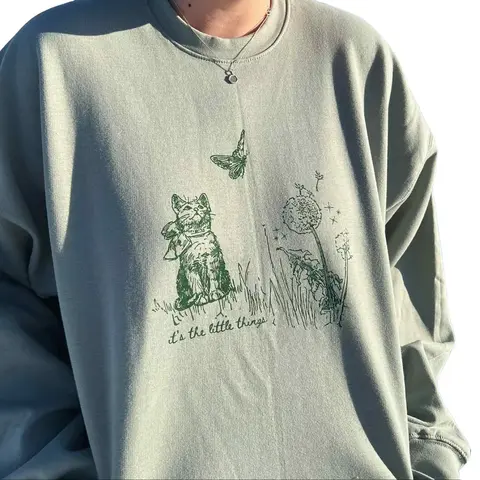 Little Things Crewneck - Cat & Nature Print Sweatshirt - Cute, Casual, Trendy Hoodie - Available in Ash Gray, Sage Green, Paragon Cotton Love