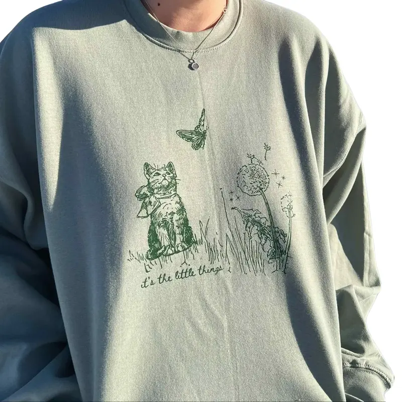 Little Things Crewneck - Cat & Nature Print Sweatshirt - Cute, Casual, Trendy Hoodie - Available in Ash Gray, Sage Green, Paragon Cotton Love